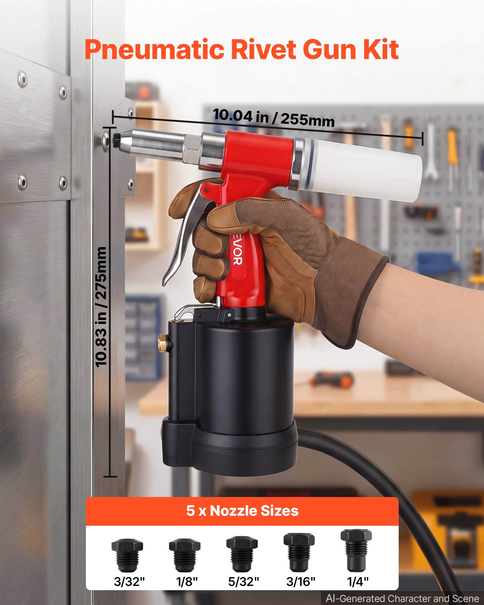 VEVOR Pneumatic Rivet Gun Kit with 3/32" 1/8" 5/32" 3/16" 1/4" Nosepieces, 3924 LBS Pulling Force, 3-Claw Secure Grip, Air Pop Riveter Tool for Automotive, Construction, Industrial Manufacturing
