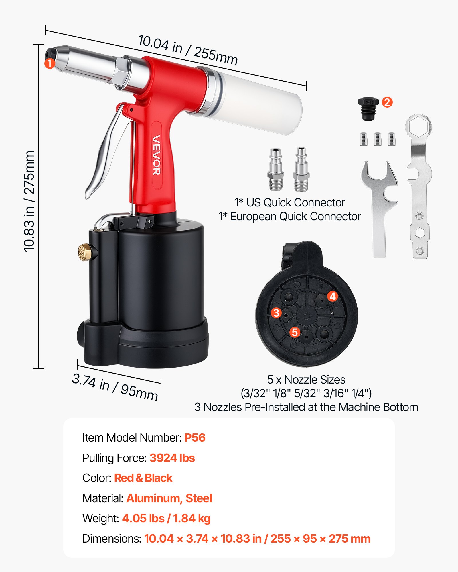 VEVOR Pneumatic Rivet Gun Kit with 3/32" 1/8" 5/32" 3/16" 1/4" Nosepieces, 3924 LBS Pulling Force, 3-Claw Secure Grip, Air Pop Riveter Tool for Automotive, Construction, Industrial Manufacturing