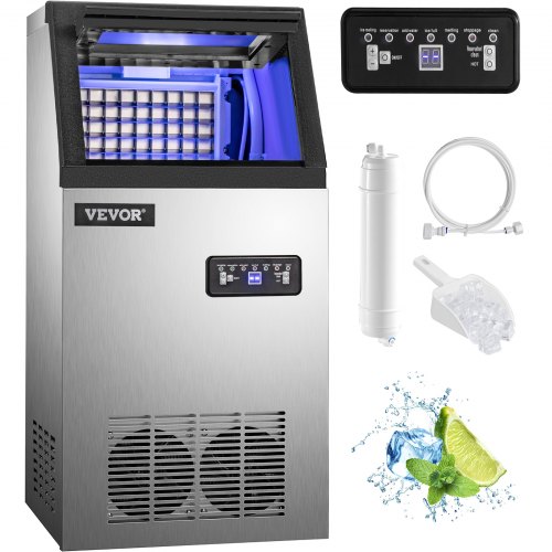 VEVOR 110V Commercial Ice Maker 110LBS/24H with 22LBs Storage Ice Maker Machine Stainless Steel Portable Automatic Ice Machine with Scoop and Connection Hoses Perfect for Restaurants Bars Cafe