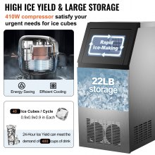 Mașină comercială de gheață VEVOR, 132 lbs/24 h, mașină de fabricat cuburi de gheață din oțel inoxidabil cu depozitare de 22 lb, mașină de făcut gheață de 410 W cu panou de control cu ​​LED-uri Țevi pentru filtru de apă, cupă de gheață pentru baruri, restaurante, 220 V