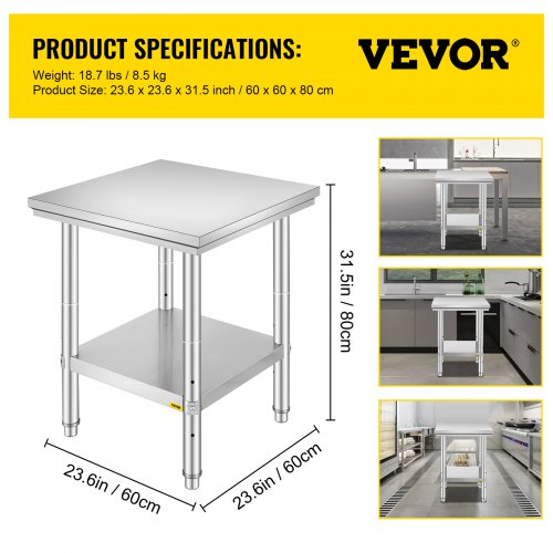 VEVOR Work Table 24 x 24 x 32 Inches NSF Stainless Steel Work Table for Commercial Kitchen Prep Workbench 60X60X80cm with Lower Shelf Work Table Silvery for Commercial Kitchen Restaurant