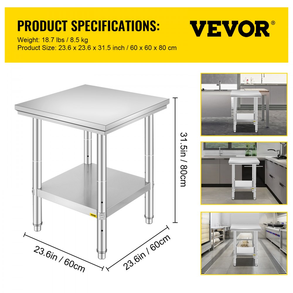 VEVOR Stainless Steel Prep Table, 24 x 24 x 31 Inch, 700 lbs Load Capacity, Heavy Duty Metal Worktable with 3 Adjustable Height Levels, Commercial Workstation for Kitchen Garage Restaurant Backyard
