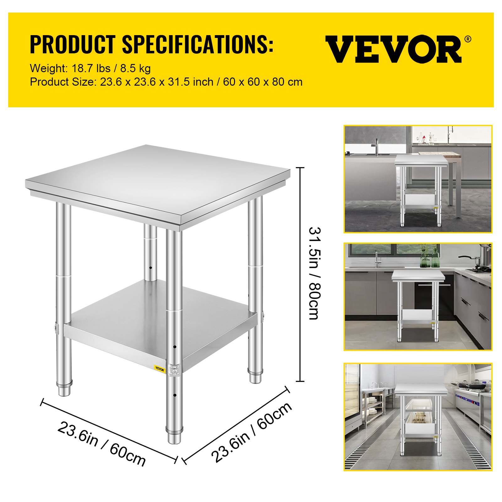 VEVOR Stainless Steel Prep Table, 24 x 24 x 31 Inch, 700 lbs Load Capacity, Heavy Duty Metal Worktable with 3 Adjustable Height Levels, Commercial Workstation for Kitchen Garage Restaurant Backyard