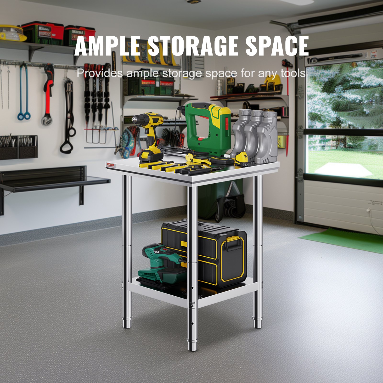 VEVOR Stainless Steel Prep Table, 600 x 600 x 800 mm, 317 kg Load Capacity, Heavy Duty Metal Worktable with 3 Adjustable Height Levels, Commercial Workstation for Kitchen Garage Restaurant Backyard