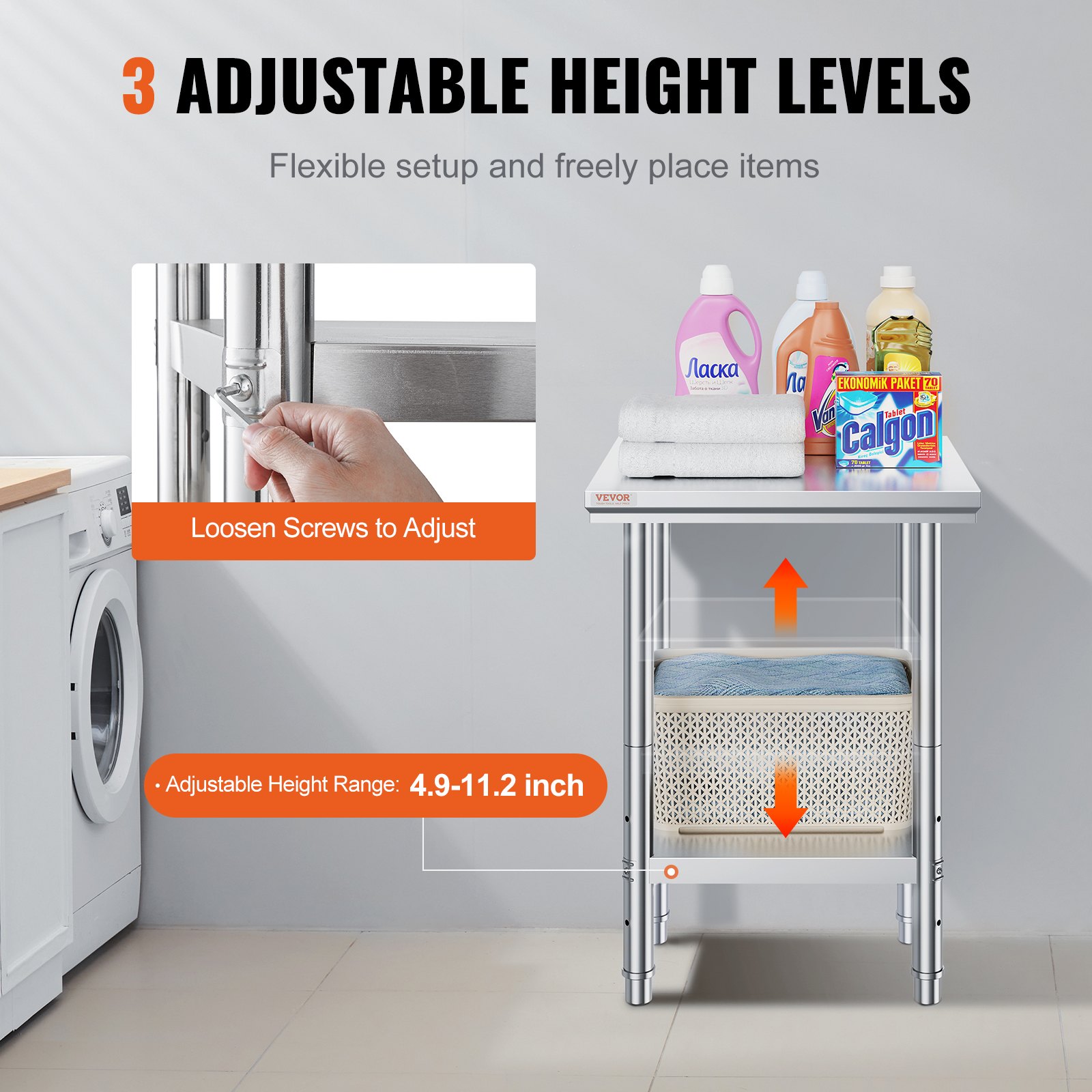 VEVOR stainless steel prep table with adjustable height levels for flexible setup.