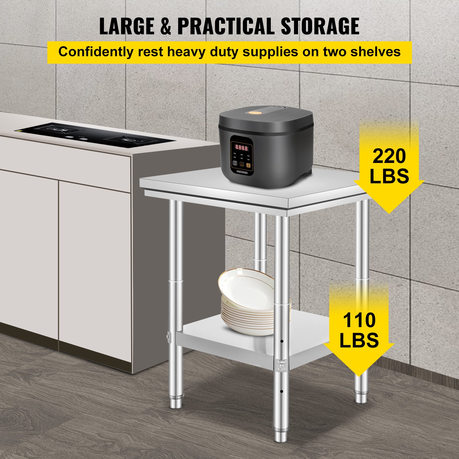 VEVOR Stainless Steel Prep Table, 24 x 24 x 31 Inch, 700 lbs Load Capacity, Heavy Duty Metal Worktable with 3 Adjustable Height Levels, Commercial Workstation for Kitchen Garage Restaurant Backyard