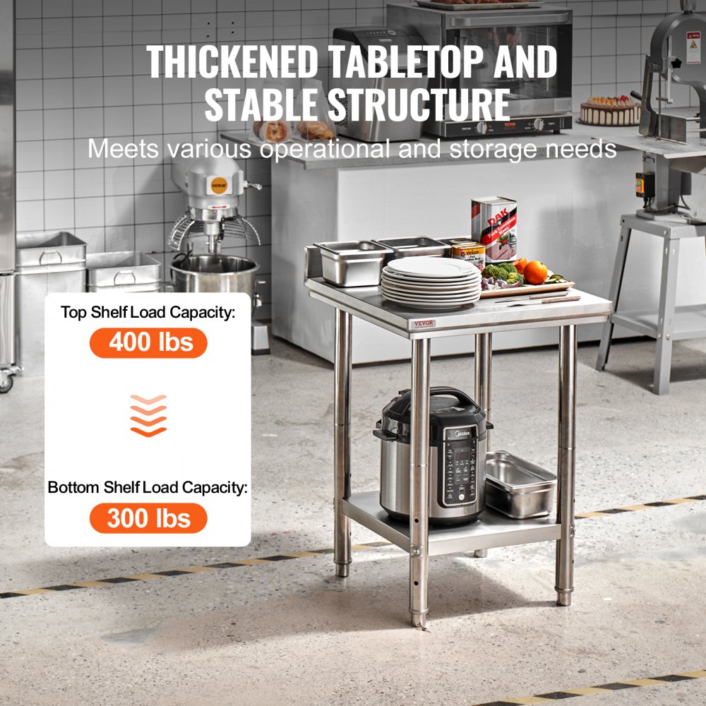 VEVOR 24 x 24 x 35 Inch Stainless Steel Work Table, Commercial Food Prep Worktable Heavy Duty Prep Worktable, Metal Work Table with Adjustable Height for Restaurant, Home and Hotel