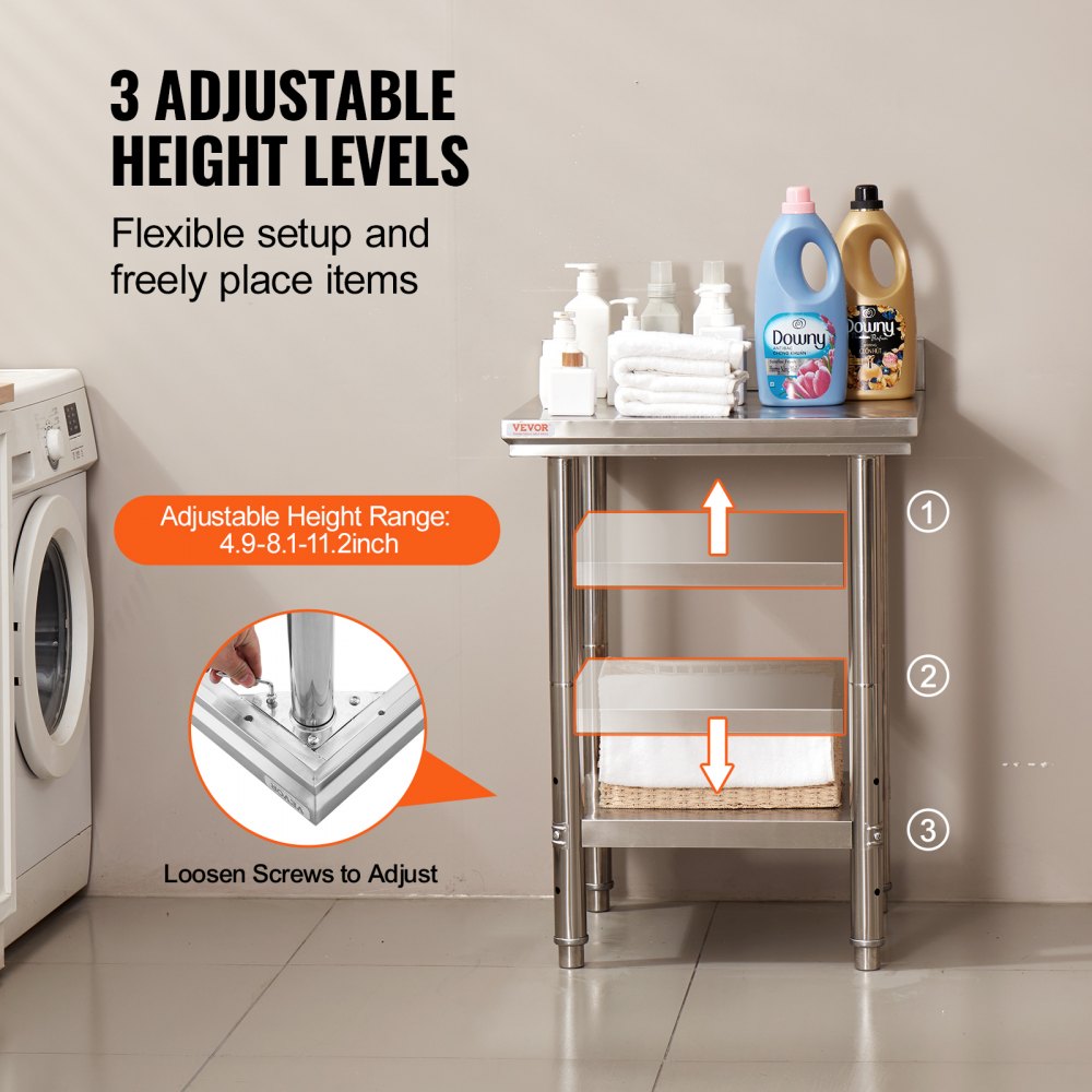 VEVOR stainless steel work table with 3 adjustable height levels, holding laundry items.