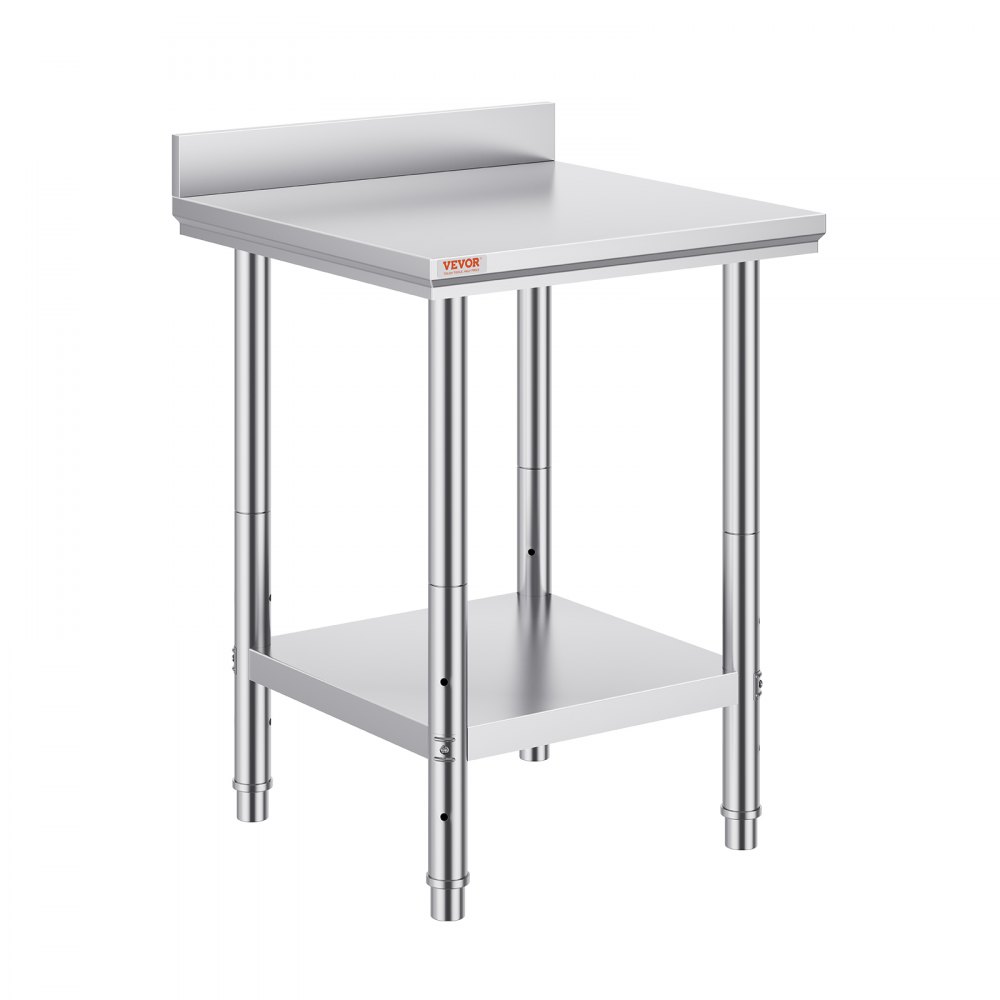 VEVOR stainless steel work table with adjustable shelf and backsplash.