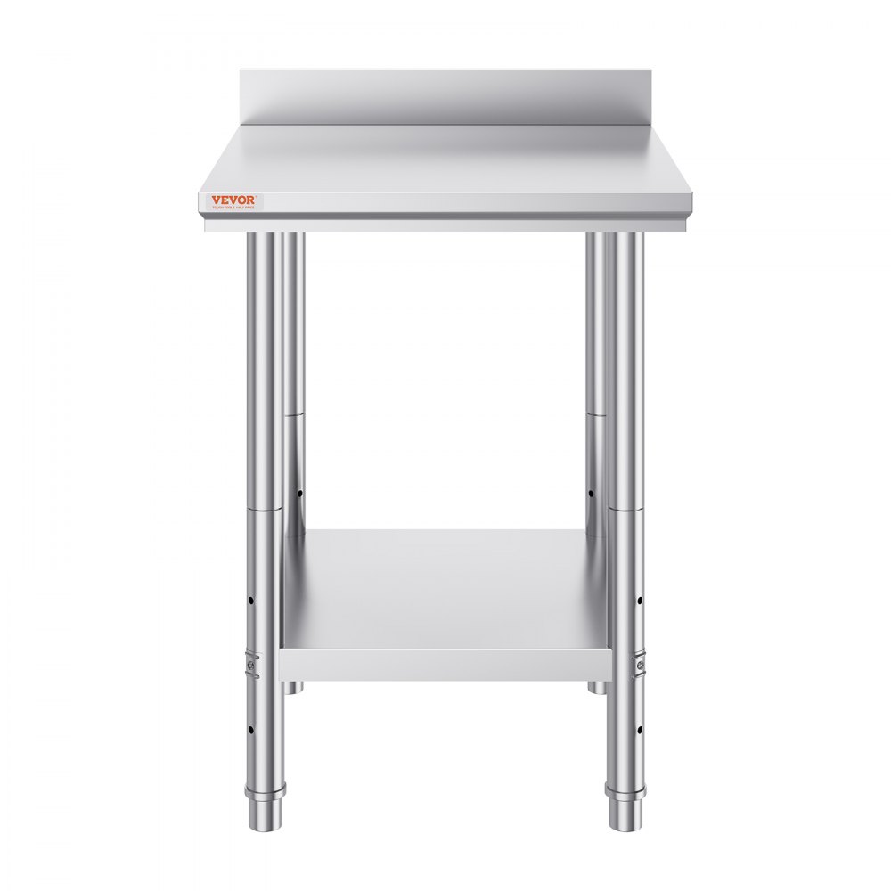 stainless steel work table with backsplash by VEVOR, featuring adjustable undershelf.