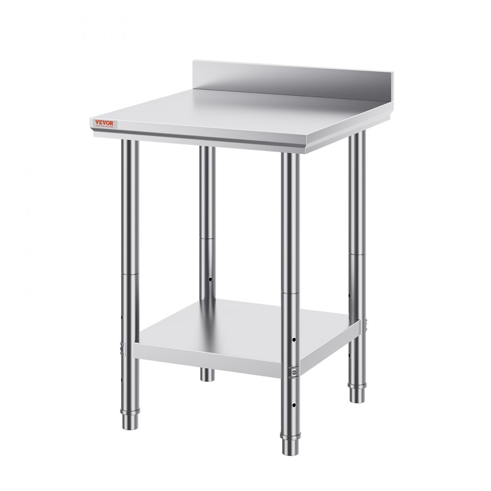 VEVOR stainless steel work table with backsplash and lower shelf.