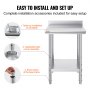 VEVOR stainless steel work table with easy installation accessories.