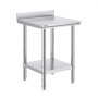VEVOR stainless steel work table with adjustable shelf and backsplash.