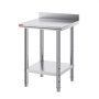 VEVOR stainless steel work table with backsplash and lower shelf.