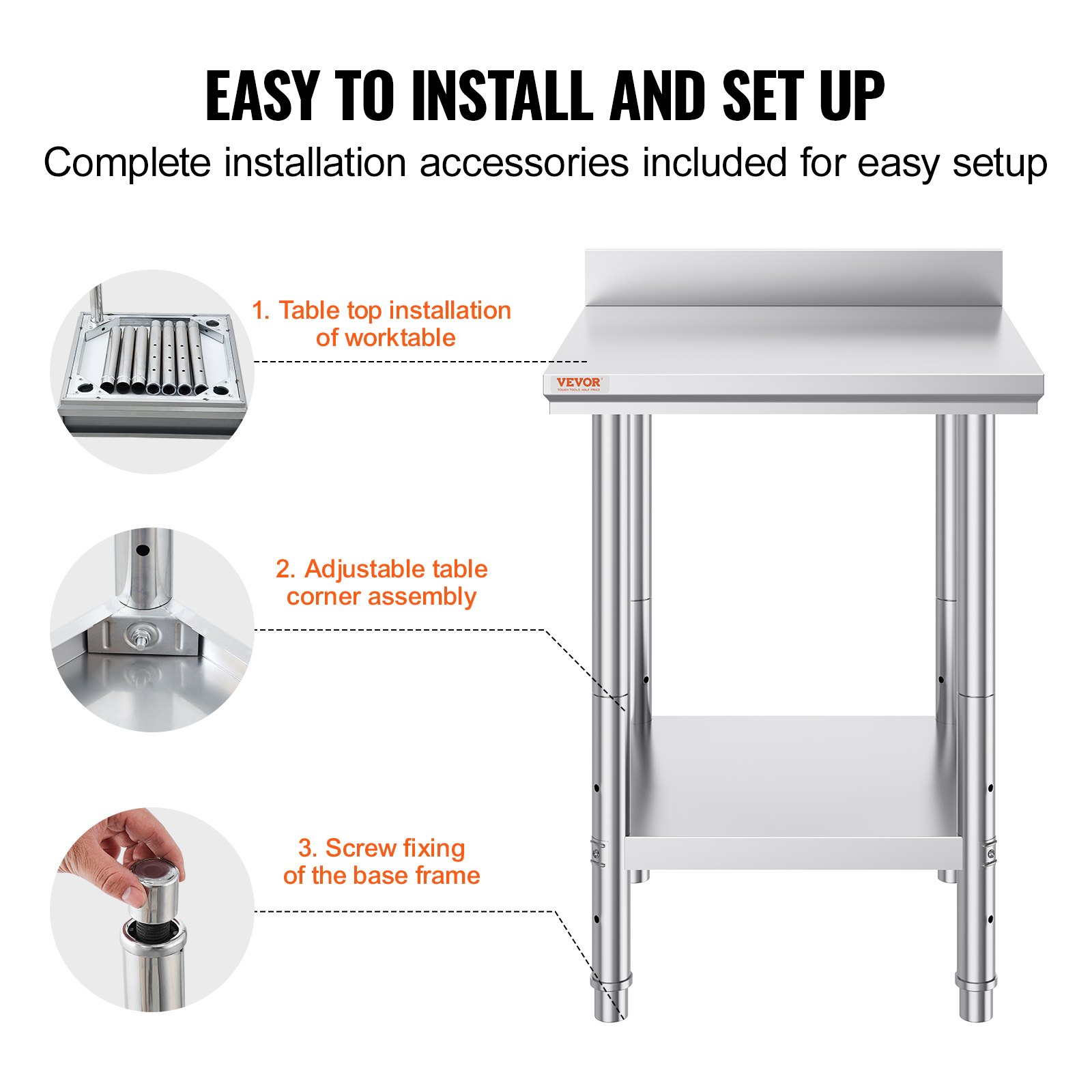 VEVOR 24 x 24 x 35 Inch Stainless Steel Work Table, Commercial Food Prep Worktable Heavy Duty Prep Worktable, Metal Work Table with Adjustable Height for Restaurant, Home and Hotel