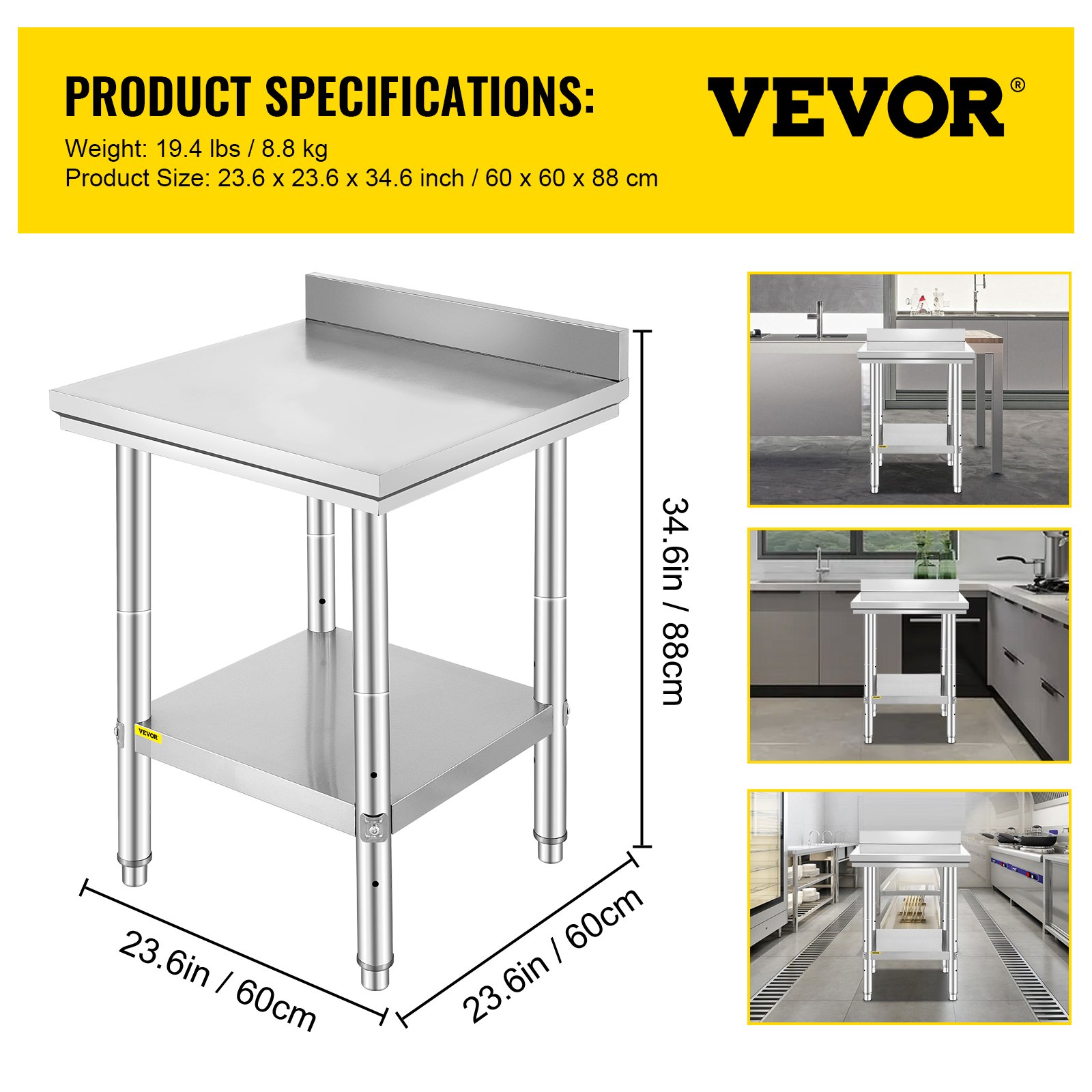 VEVOR 600x600mm Stainless Steel Kitchen Work Bench Food Prep Catering Table