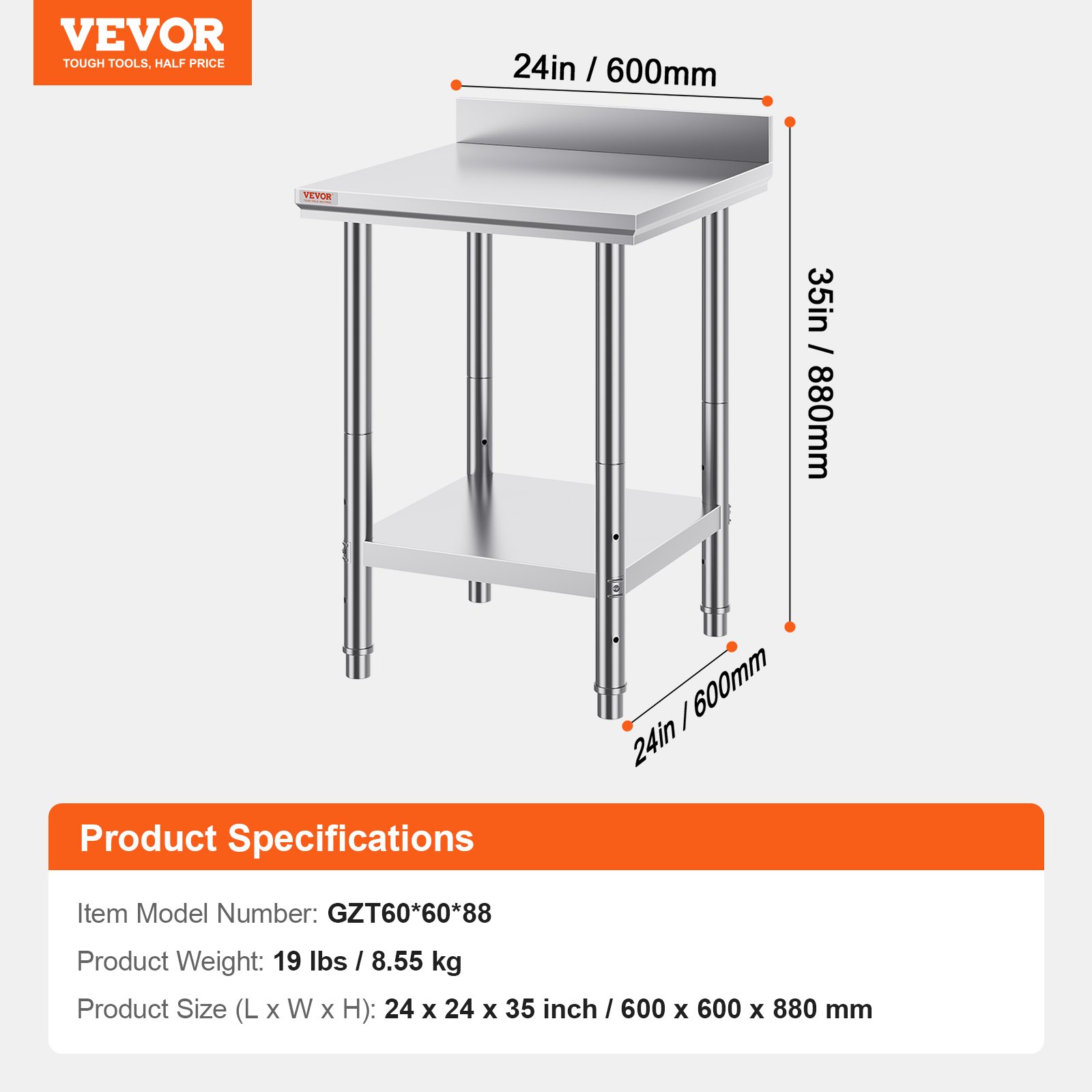 VEVOR stainless steel work table, 24 x 24 x 35 inch with shelf and backsplash.