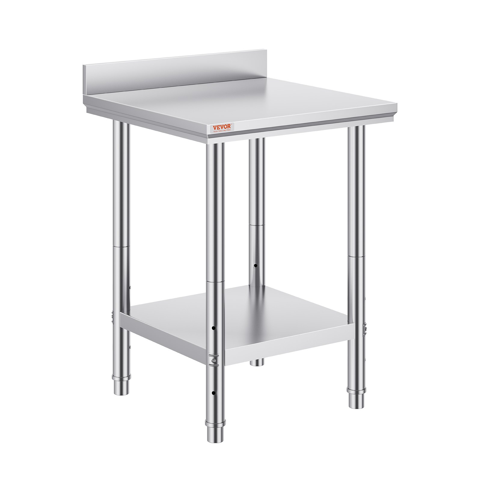 VEVOR stainless steel work table with adjustable shelf and backsplash.