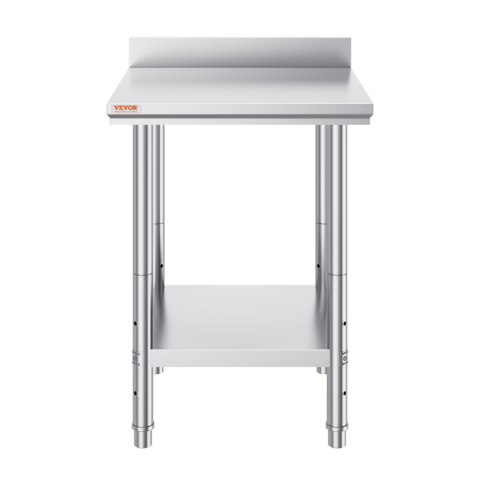 stainless steel work table with backsplash by VEVOR, featuring adjustable undershelf.