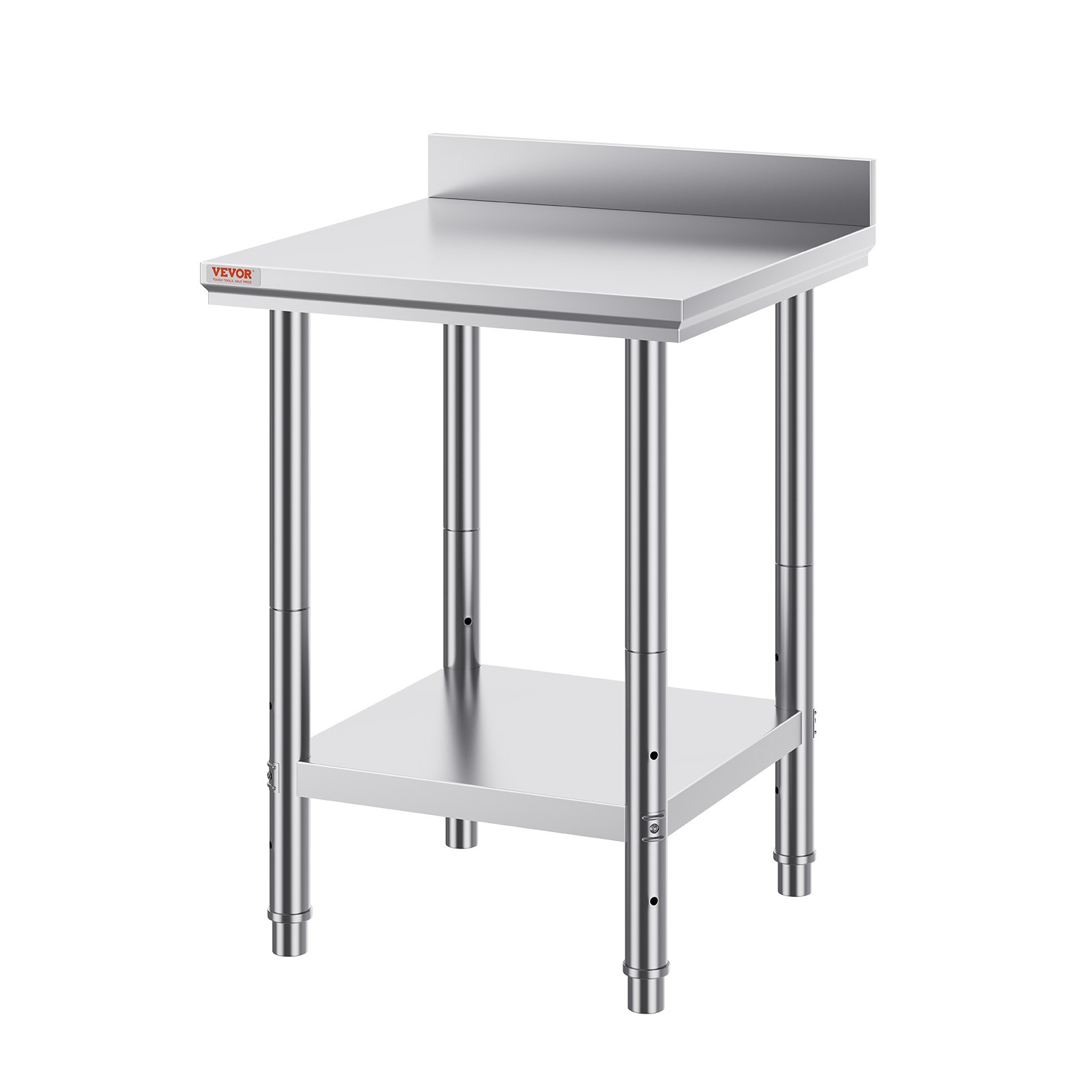 VEVOR stainless steel work table with backsplash and lower shelf.