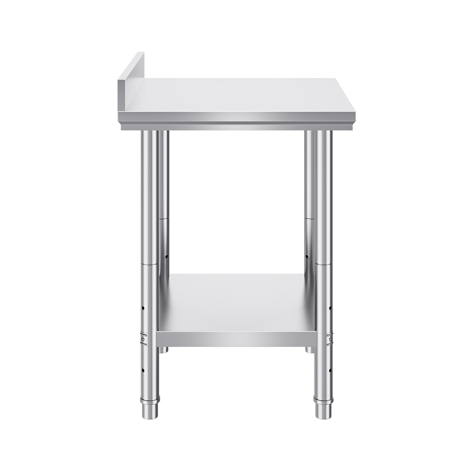 VEVOR stainless steel work table with undershelf and backsplash.