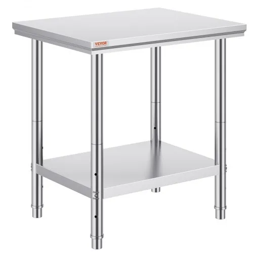 VEVOR Stainless Steel Prep Table, 24 x 30 x 31 Inch, 700 lbs Load Capacity, Heavy Duty Metal Worktable with 3 Adjustable Height Levels, Commercial Workstation for Kitchen Garage Restaurant Backyard