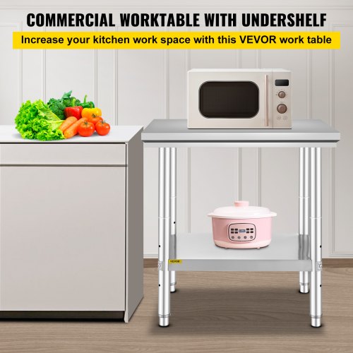 VEVOR Stainless Steel Work Table 24 x 30 x 32 Inch Commercial Food Prep Worktable for Home, Kitchen, Restaurant Metal Prep Table with Adjustable Feet