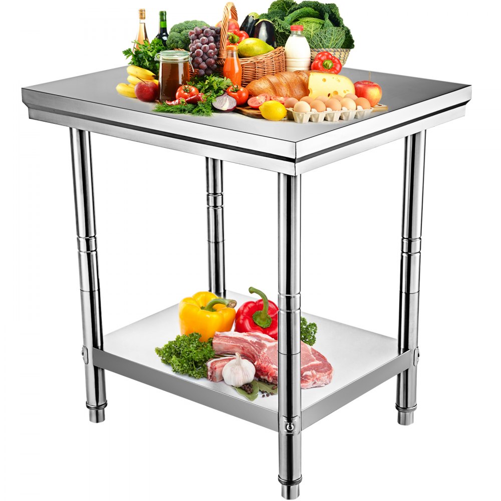 VEVOR Stainless Steel Prep Table, 24 x 30 x 31 Inch, 700 lbs Load Capacity, Heavy Duty Metal Worktable with 3 Adjustable Height Levels, Commercial Workstation for Kitchen Garage Restaurant Backyard