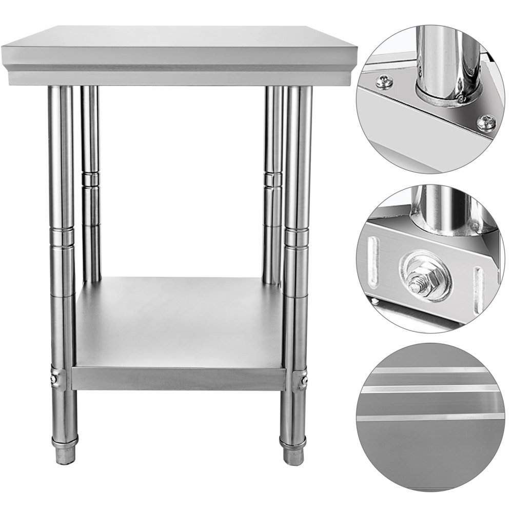 VEVOR Stainless Steel Prep Table, 24 x 30 x 31 Inch, 700 lbs Load Capacity, Heavy Duty Metal Worktable with 3 Adjustable Height Levels, Commercial Workstation for Kitchen Garage Restaurant Backyard