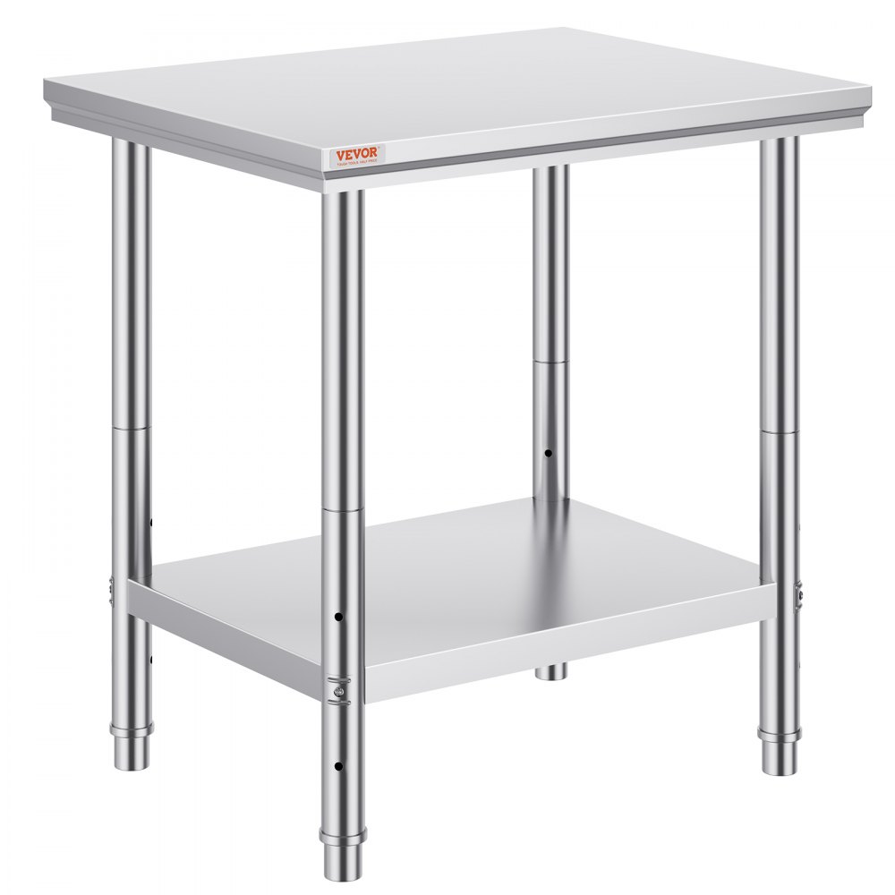 VEVOR stainless steel work table with undershelf and tubular legs.