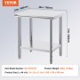 VEVOR stainless steel work table, 30" x 24" x 31", two-tier design, durable and sturdy.