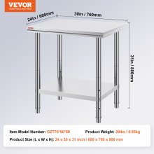 VEVOR Work Table 24 x 30 x 32 Inches NSF Stainless Steel Work Table for Commercial Kitchen Prep Workbench 60X76X80cm with Lower Shelf Work Table Silvery for Commercial Kitchen Restaurant