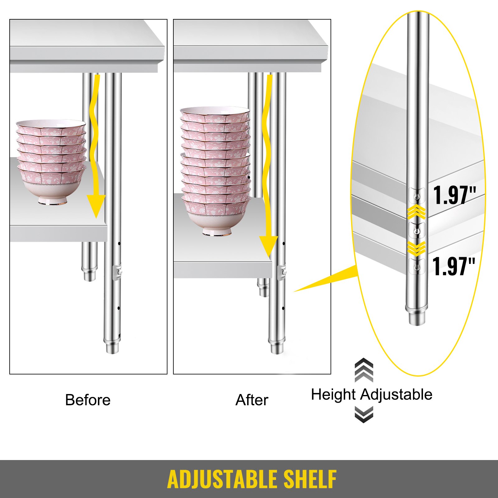 VEVOR Stainless Steel Prep Table, 24 x 30 x 31 Inch, 700 lbs Load Capacity, Heavy Duty Metal Worktable with 3 Adjustable Height Levels, Commercial Workstation for Kitchen Garage Restaurant Backyard