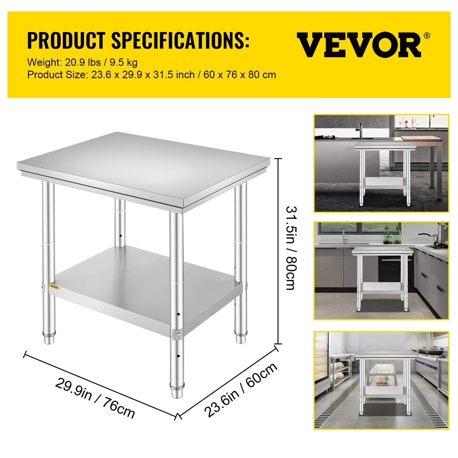 VEVOR Stainless Steel Prep Table, 24 x 30 x 31 Inch, 700 lbs Load Capacity, Heavy Duty Metal Worktable with 3 Adjustable Height Levels, Commercial Workstation for Kitchen Garage Restaurant Backyard