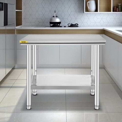 VEVOR Work Table 24 x 36 x 32 Inches NSF Stainless Steel Work Table for Commercial Kitchen Prep Workbench 60X90X80cm with Lower Shelf Work Table Silvery for Commercial Kitchen Restaurant