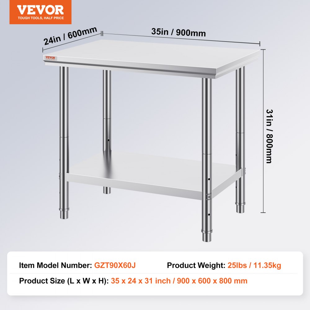 VEVOR Stainless Steel Prep Table, 900x600x800 mm, 700 lbs Load Capacity, Heavy Duty Metal Worktable with 3 Adjustable Height Levels, Commercial Workstation for Kitchen Garage Restaurant Backyard
