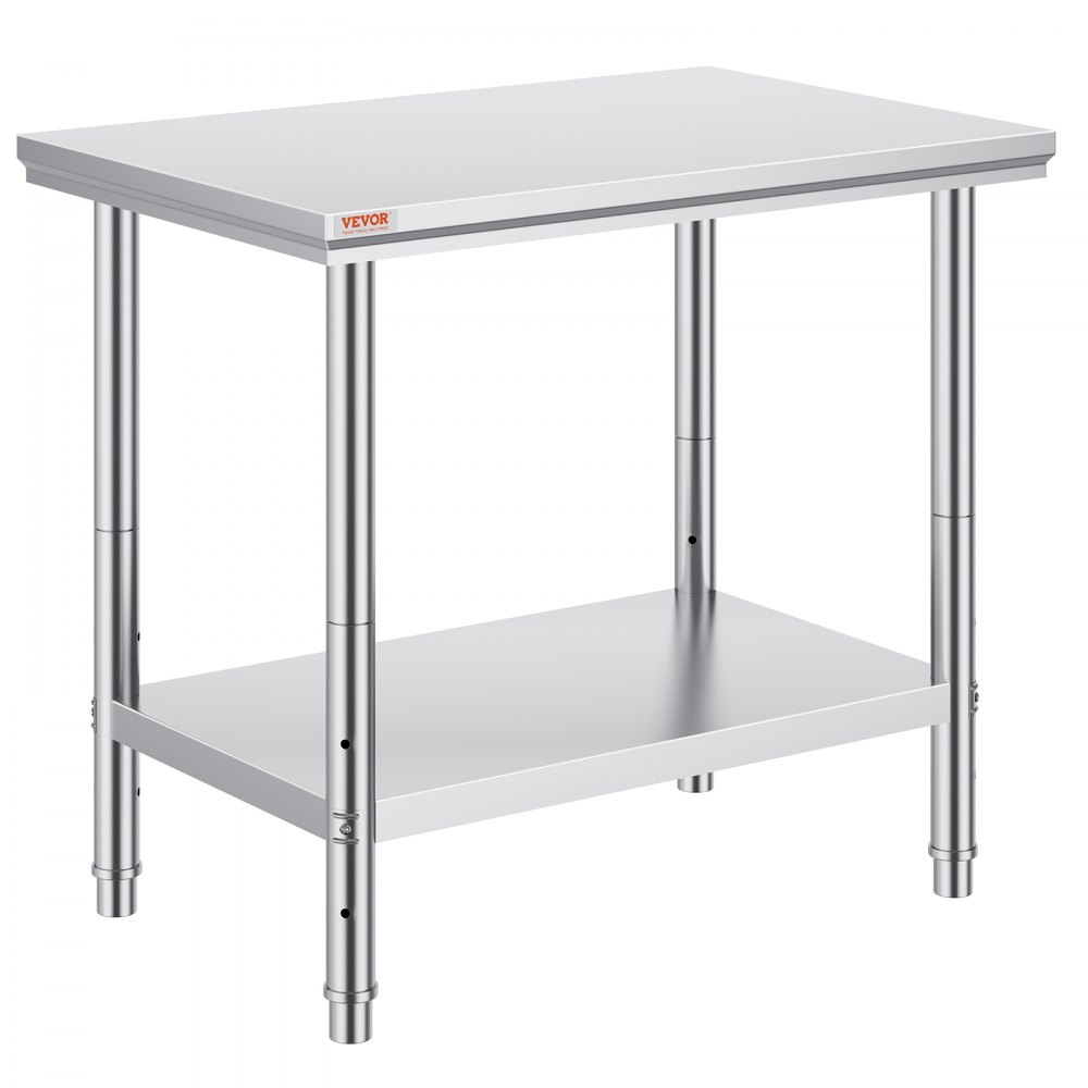 Table de préparation en acier inoxydable VEVOR avec étagère inférieure et pieds robustes.