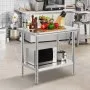 VEVOR stainless steel prep table with kitchen utensils, microwave, and vegetables.