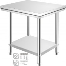 VEVOR Stainless Steel Prep Table, 900x600x800 mm, 700 lbs Load Capacity, Heavy Duty Metal Worktable with 3 Adjustable Height Levels, Commercial Workstation for Kitchen Garage Restaurant Backyard