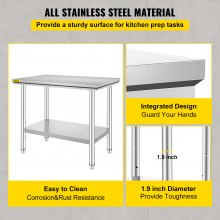 VEVOR Arbetsbord 24 x 36 x 32 tum NSF-arbetsbord i rostfritt stål för kommersiellt kök Prep-arbetsbänk 60X90X80 cm med nedre hyllan Arbetsbord Silverfärgat för kommersiellt kök Restaurang