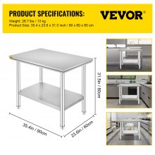 VEVOR Arbetsbord 24 x 36 x 32 tum NSF-arbetsbord i rostfritt stål för kommersiellt kök Prep-arbetsbänk 60X90X80 cm med nedre hyllan Arbetsbord Silverfärgat för kommersiellt kök Restaurang