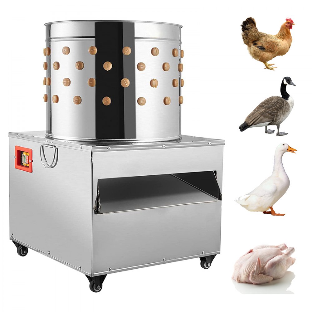VEVOR chicken poultry plucker with stainless steel drum and rubber fingers on wheels.