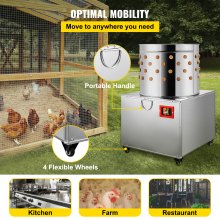 VEVOR Chicken Poultry Plucker 2200W 240R/min Turkey Chicken Poultry Plucking Machine 23.5inch Barrel Diameter Stainless Steel Feather Plucking Machine with Wheels Defeather Hair Removal Machine