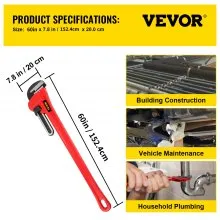 VEVOR Pipe Wrench, 60 inch, Heavy Duty Cast Iron Straight Plumbing Wrench, Adjustable Plumber Tool for Sink Faucet Toilet Bowl Bathroom Kitchen Drainer Repair Installation
