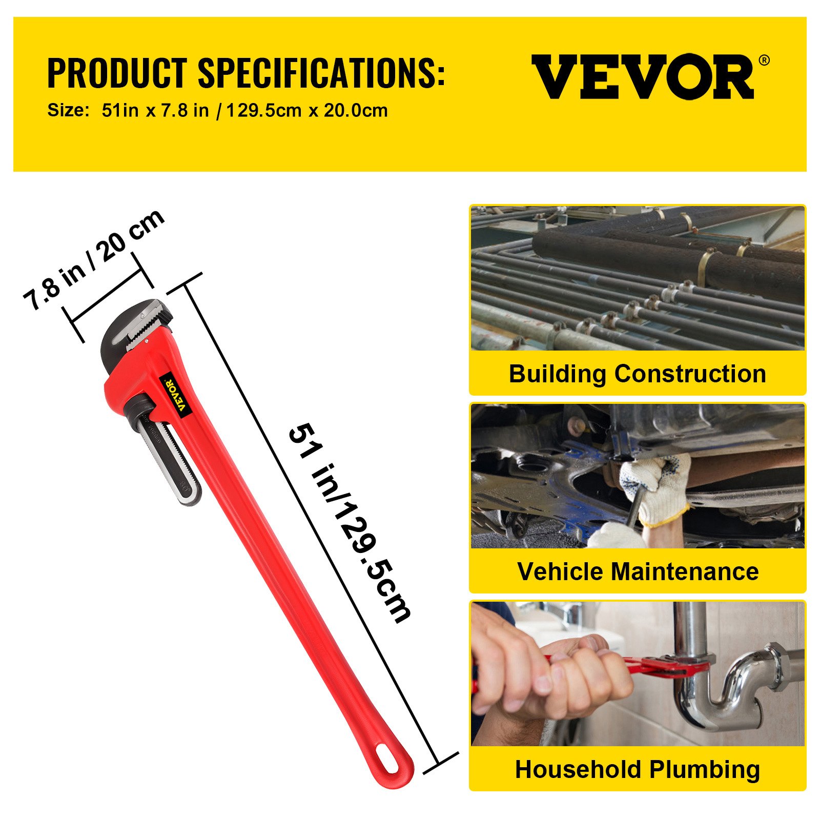 VEVOR Pipe Wrench, 51 inch, Heavy Duty Cast Iron Straight Plumbing Wrench, Adjustable Plumber Tool for Sink Faucet Toilet Bowl Bathroom Kitchen Drainer Repair Installation