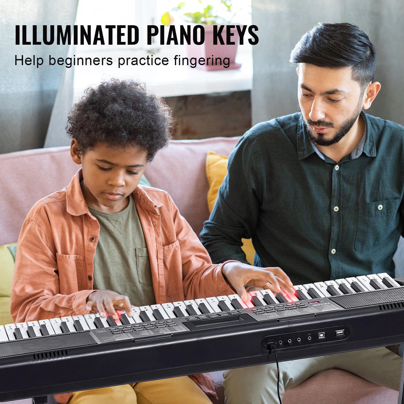 VEVOR 61 Key Digital Keyboard Piano, Lighted Keys, Electric Portable Piano with Adjustable Stand 600 Tones 500 Rhythms Built-In Speakers Sustain Pedal Headphones, USB MIDI for Beginners