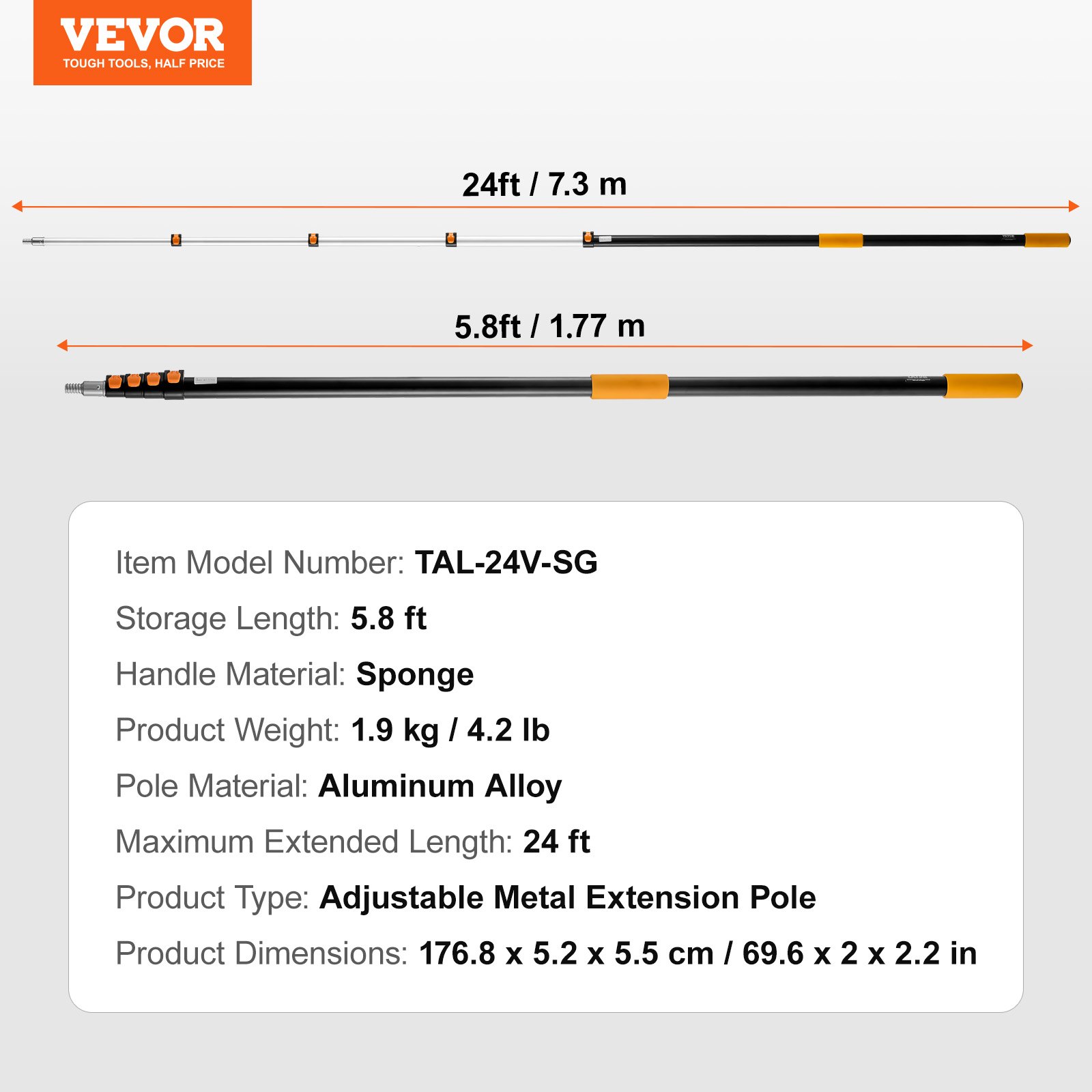 VEVOR Telescoping Pole, 6 to 24 FT Pole, Extension Multi-Purpose Pole, Sturdy Aluminum Alloy Paint Extendable Pole with Flip-Lock Design, Telescopic Pole for Painting, Dusting and Cleaning