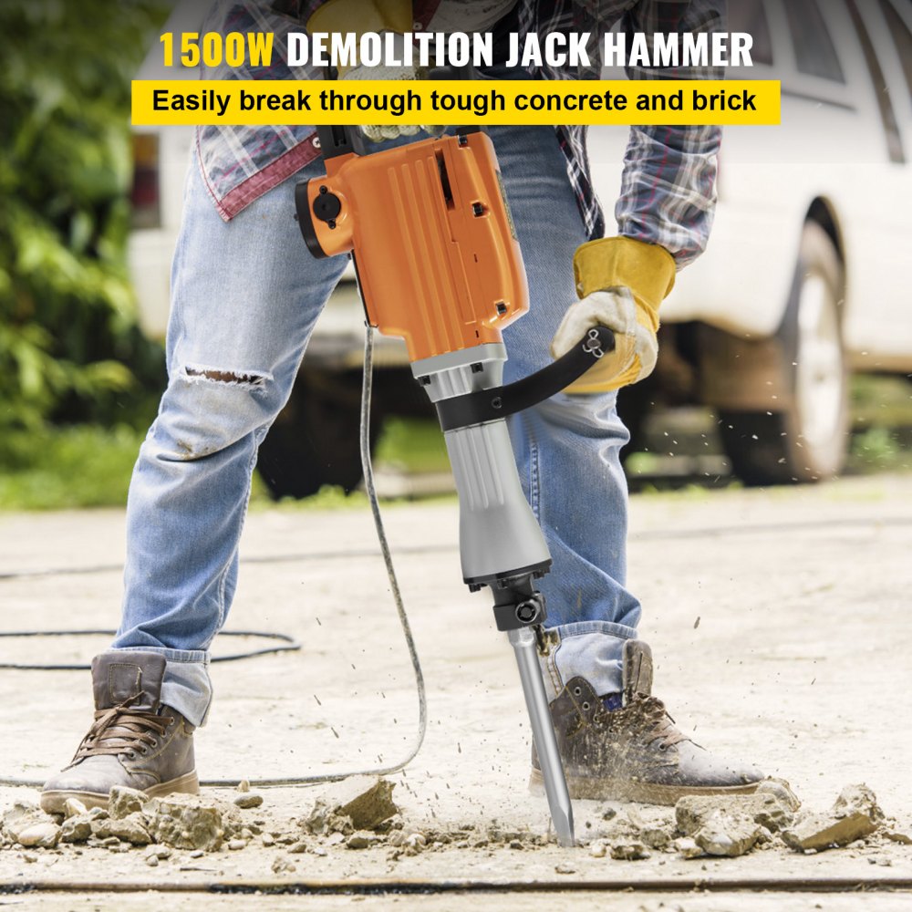 VEVOR Electric Demolition Hammer 1500W Electric Jack Hammer Breaker 65A Demolition Hammer Drill with 360° Rotary Ergonomic Handle for Concrete