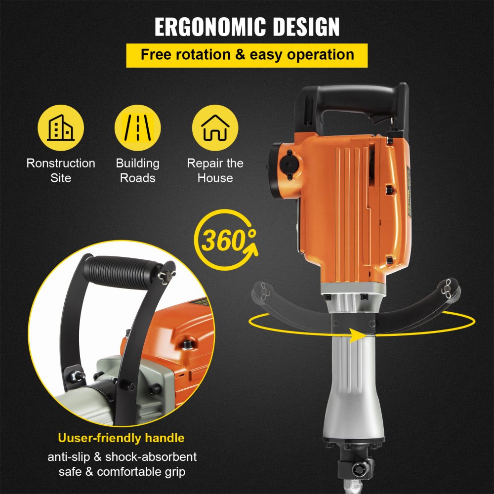 VEVOR Electric Demolition Hammer 1500W Electric Jack Hammer Breaker 65A Demolition Hammer Drill with 360° Rotary Ergonomic Handle for Concrete