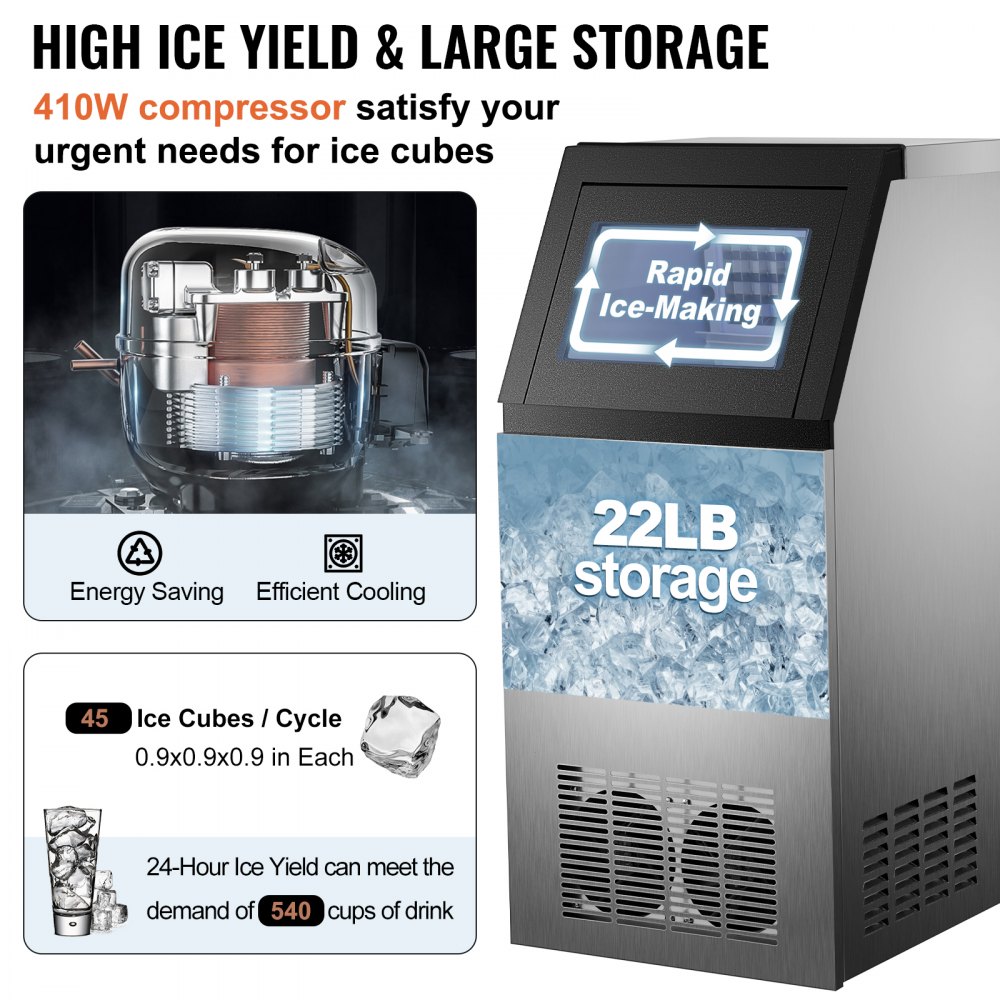 VEVOR Commercial Ice Maker, 150 LBS/24H, Stainless Steel Ice Cube Maker Machine w/ 22 LBS Storage, 410W Ice Making Machine w/ LED Control Panel Water Filter Pipes Ice Scoop for Bars Restaurants, 220V